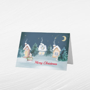 Cartão De Festividades Árvores de Coelho Casas de Natal Aquarela