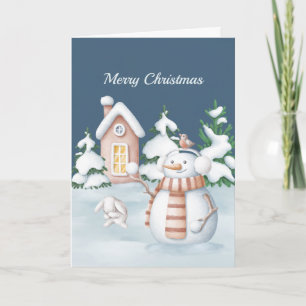 Cartão De Festividades Árvores de Coelho de Snowman de Natal Aquarela