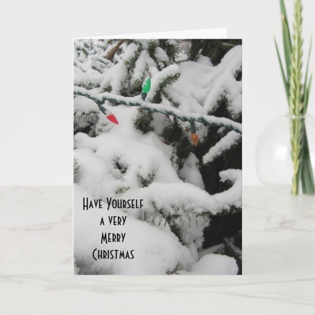 Cartão De Festividades Árvores de inverno com neve e luzes (Frente)