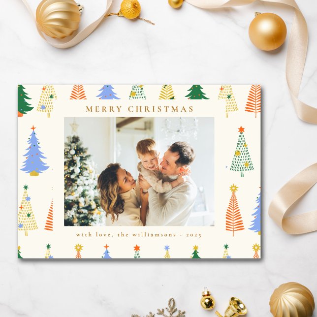 Cartão De Festividades Árvores de Natal bonitas Boho Verde Vermelho Duas  (Criador carregado)