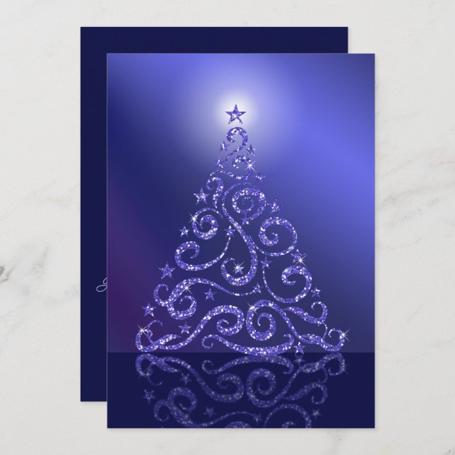 Cartão De Festividades Árvores de Natal brilhando estrelas azuis e cinzas (Frente/Verso)