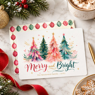 Cartão De Festividades Árvores de Natal Coloridas em Aquarela Alegre e Br