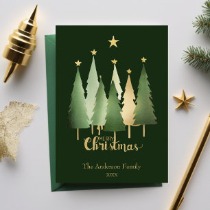 Cartão De Festividades Árvores de natal de aquarela, verde simples e mini