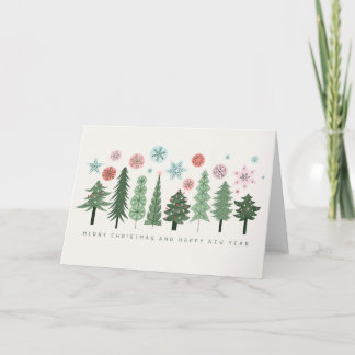 Cartão De Festividades Árvores de Natal e Flocos de Neve Estilizados