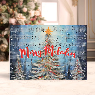 Cartão De Festividades Árvores de Natal Musicais Aquarela Merry Melodies