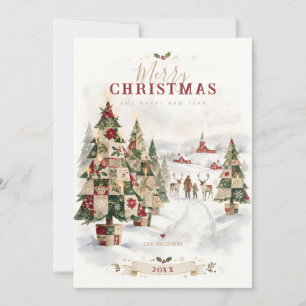 Cartão De Festividades Árvores de Natal Patchwork Família Rena TMF26