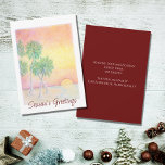 Cartão De Festividades Árvores de Palma de Sunset Beach Tropical de Natal<br><div class="desc">Cartão de saudação de Natal de Praia Tropical,  com palmeiras,  imagens de pôr do sol e tipografia de scripts. Com a inscrição personalizável,  você pode adicionar suas próprias informações. Uma maneira festiva envia desejos de férias aos amigos e à família dos trópicos.</div>