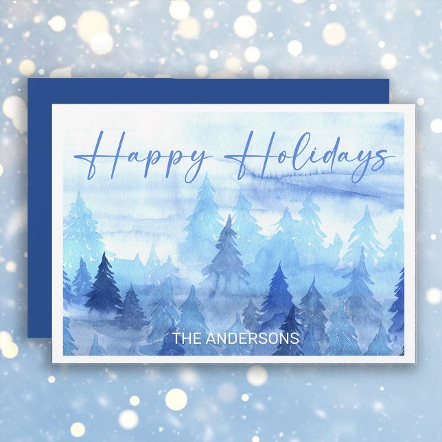 Cartão De Festividades Árvores de Pinheiro em Aquarela Azul Natal Feliz F (Blue and white "Happy Holidays" greeting card personalized with your own text.)