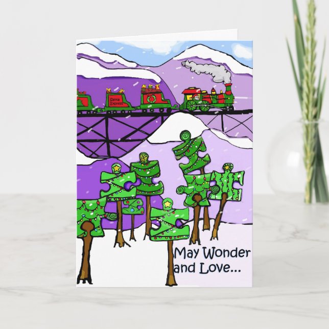 Cartão De Festividades Árvores de trem e quebra-cabeça de Natal autismo (Frente)