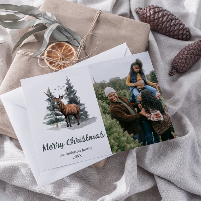 Cartão De Festividades Árvores Florestais de Aquarela Foto Feliz Natal (Criador carregado)