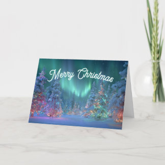 Cartão De Festividades Árvores Pastel Luzes do Norte Feliz Natal
