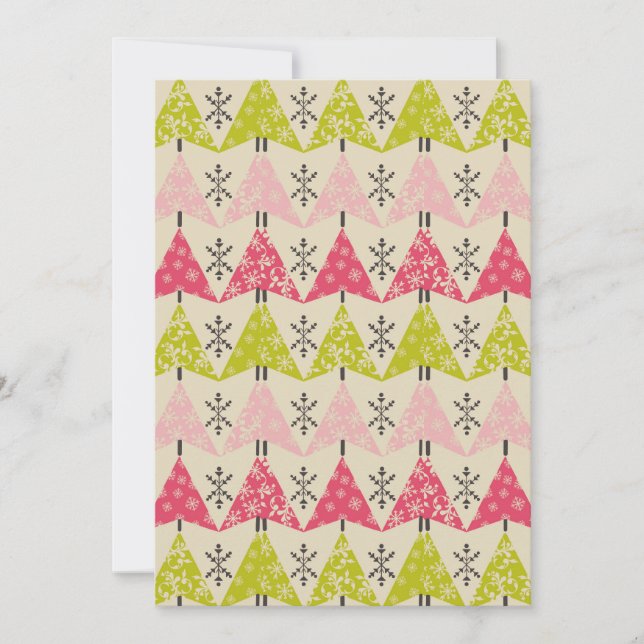 Cartão De Festividades Árvores rosa e verde com flocos de neve (Frente)