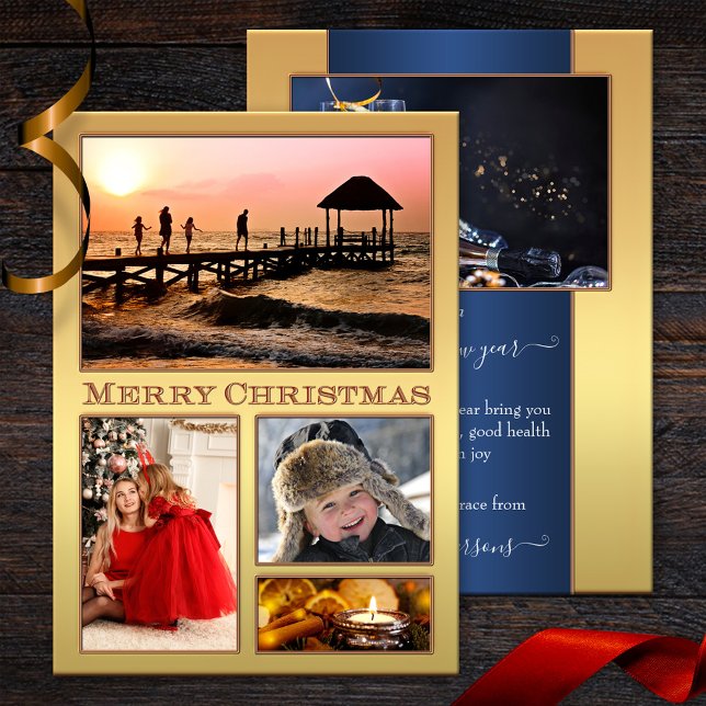 Cartão De Festividades As suas fotos Festas de Natal de Ouro Festivo (A Christmas Holidays card featuring 5 of your own custom photos framed by a gold stylized design)