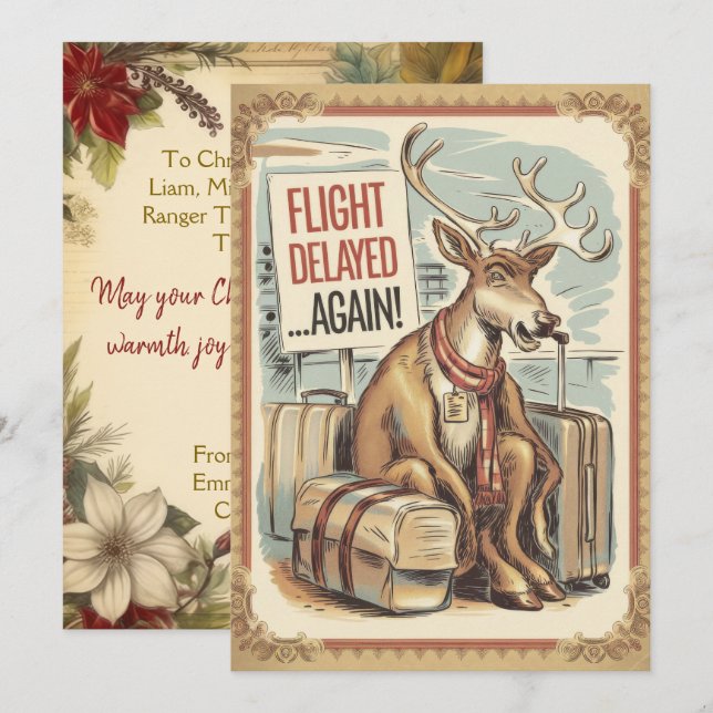 Cartão De Festividades Atraso de Voo de Rena Personalizado Divertido Vint (Frente/Verso)