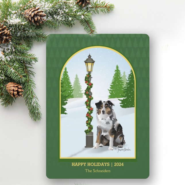 Cartão De Festividades Aussie Dog Christmas Lamp Posta (Aussie Dog by Decorated Lamp Post.)