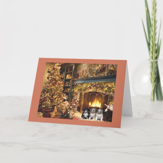 Cartão De Festividades Australian Shepherd Christmas Card Fireplace (Frente)
