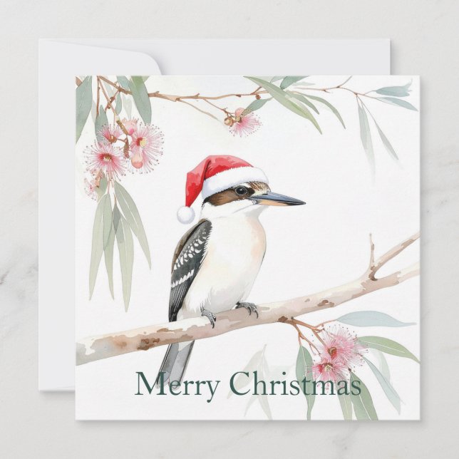 Cartão De Festividades Australiano Kookaburra Santa Chapéu Feliz Natal (Frente)