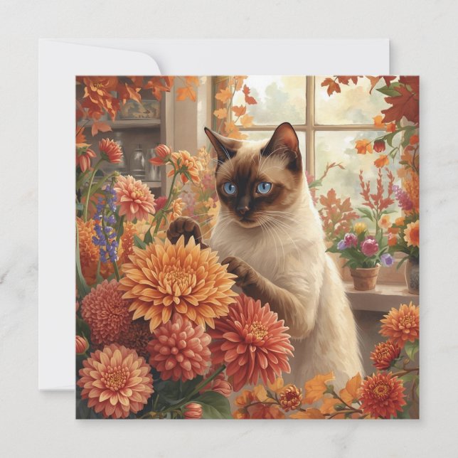 Cartão De Festividades Autumn Cat com Flores - Ação de Graças (Frente)