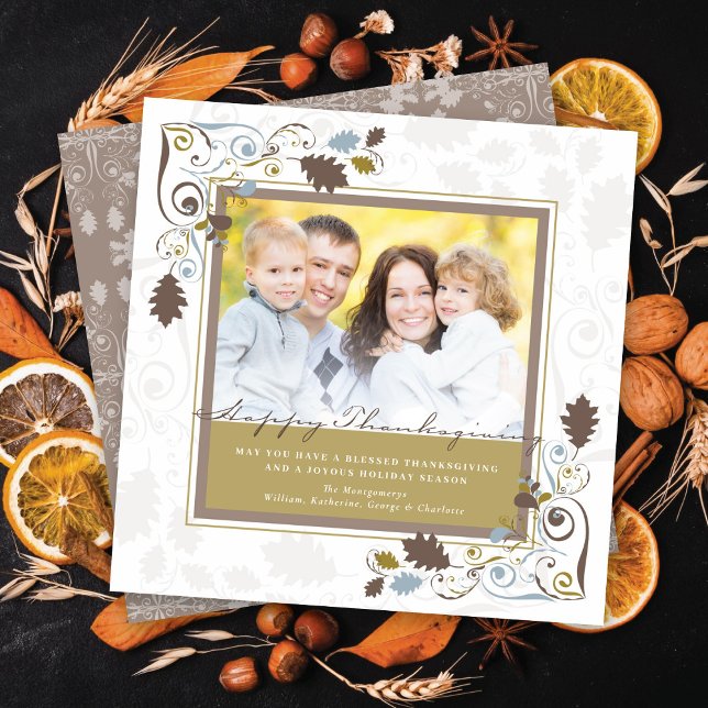 Cartão De Festividades Autumn Leaves & Elegant Swirls Foto de Ação de Gra (Autumn Fall Leaves With Vintage Brown Decorative Swirls Thanksgiving Photo Holiday Card @ fat_fa_tin)