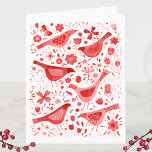 Cartão De Festividades Ave Aquarela Vermelha<br><div class="desc">Pássaros vermelhos festivos e flores em fundo branco. Você pode alterar a saudação e os nomes dentro para personalizar. Arte original de Nic Squirrell.</div>
