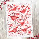 Cartão De Festividades Ave Aquarela Vermelha<br><div class="desc">Pássaros vermelhos festivos e flores em fundo branco. No verso você pode mudar a saudação e os nomes para personalizar. Arte original de Nic Squirrell.</div>