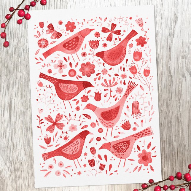 Cartão De Festividades Ave Aquarela Vermelha (Watercolor bird and flower red and white holiday card)