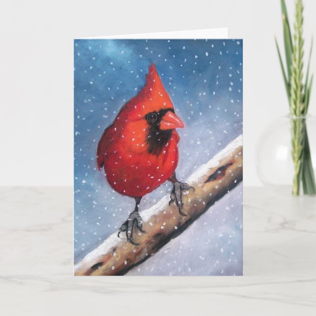 CARTÃO DE FESTIVIDADES AVE: CARDINAL: NEVE: ARTE DE PASTEL DE ÓLEO (Frente)