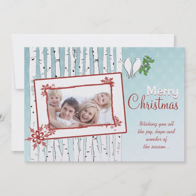 Cartão De Festividades Aves Brancas Árvores Birch Feliz Natal Vermelho (Frente)
