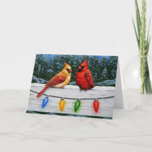 Cartão De Festividades Aves Cardinais e Luzes de Natal