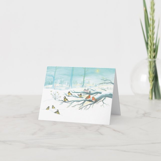 Cartão De Festividades Aves excelentes, Robins Vermelhos e Floresta Neve  (Frente)