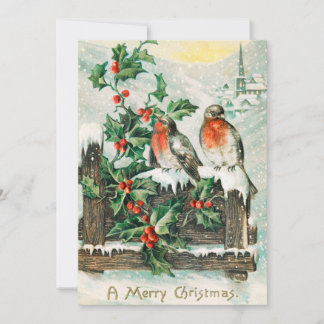 Cartão De Festividades Aves natais vintages e Holly Winter Snow