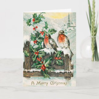 Cartão De Festividades Aves natais vintages e Holly Winter Snow