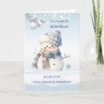Cartão De Festividades Avô Blue Christmas Snowman<br><div class="desc">Cartão de Natal com um pequeno boneco de neve azul,  um galho de pinheiro prateado e um bauble.</div>