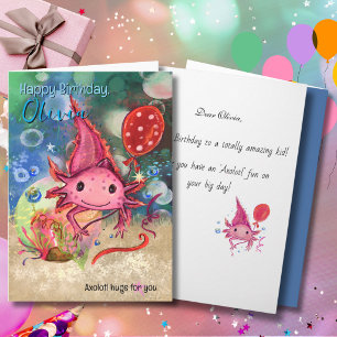 Cartão De Festividades Axolotl Rosa Aquarela Caprichosa Crianças Fofas