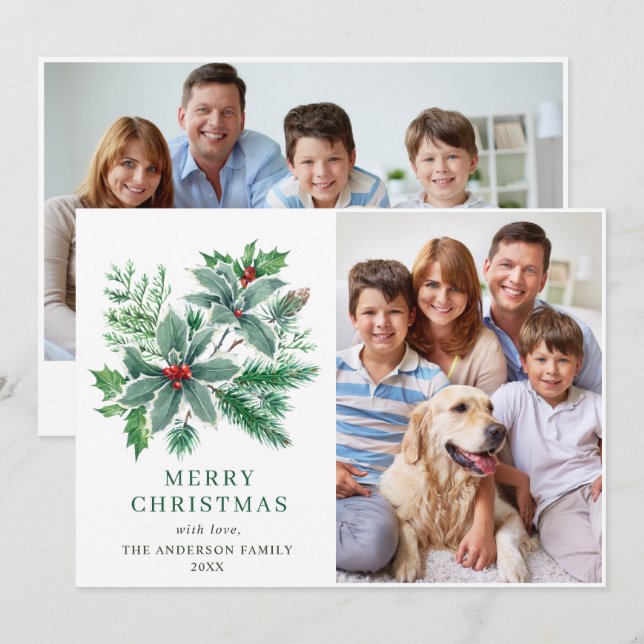 Cartão De Festividades Azevinho Festivo 2 FOTO Saudação de Natal (Frente/Verso)