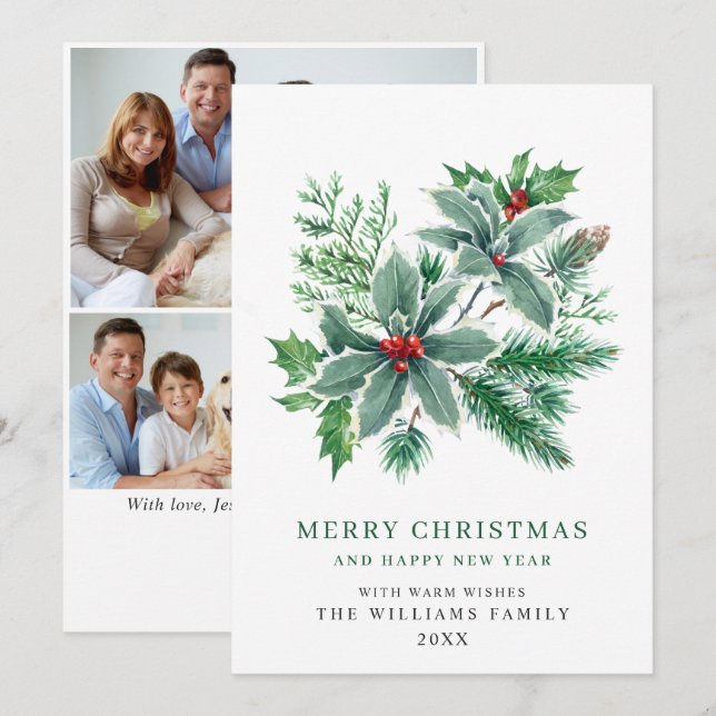 Cartão De Festividades Azevinho Festivo Fruta 3 FOTO Saudação de Natal (Frente/Verso)