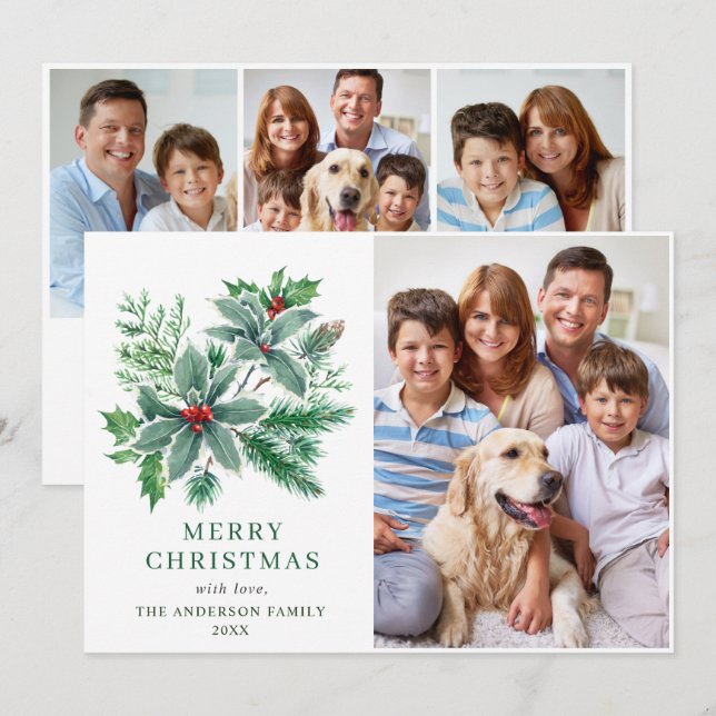 Cartão De Festividades Azevinho Festivo Fruta 4 FOTO Natal Saudação (Frente/Verso)