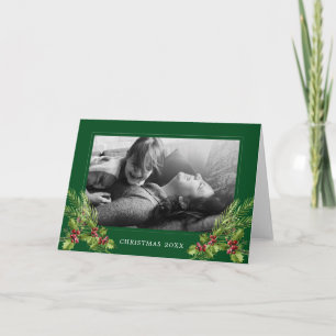 Cartão De Festividades Azevinho & pinhos da aguarela da foto do Feliz