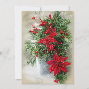 Cartão De Festividades Azevinho poinsettias e orçamento de Natal de abeto
