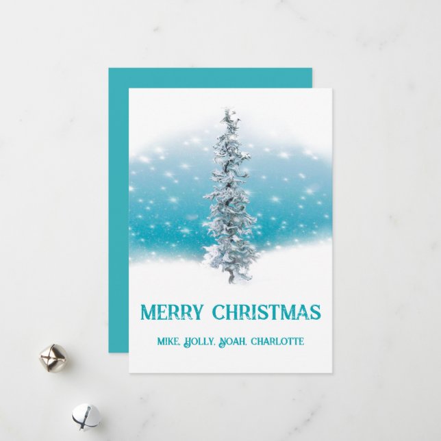 Cartão De Festividades Azul-árctico congelado faísca prateada evergreen (Frente/Verso In Situ)