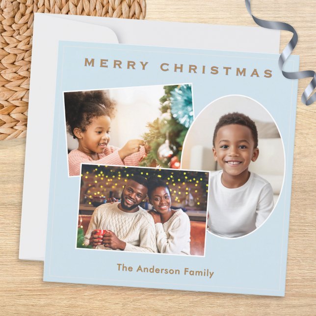 Cartão De Festividades Azul Claro Faux Dourado Galeria de 3 Fotografias N (An elegant Christmas card in light blue, to personalize with three photos and name(s) or other text)