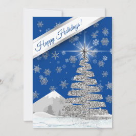 Cartão De Festividades Azul com Foto da Árvore de Natal Prateada