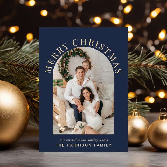 Cartão De Festividades Azul de Foto do Arco de Natal Feliz (Share the love and warmth of the season with an elegant arch photo Christmas card)