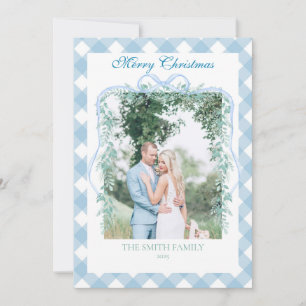 Cartão De Festividades Azul de Natal Gingham Grinalda Grandmillenial