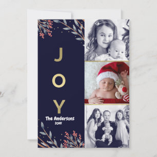 Cartão De Festividades Azul & Dourado JOY 3 Três Fotos Férias Natal