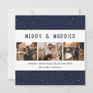 Cartão De Festividades Azul Elegante Dourado Natal Alegre e Casado