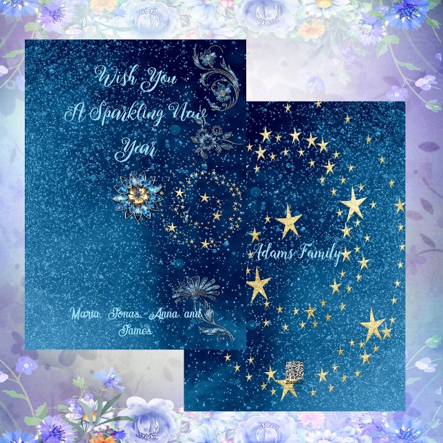 Cartão De Festividades Azul Espumante de Ano Novo Estrelas Brilhantes (Blue Sparkling New Year Glitter Cheer Stars Floral Holiday Card)