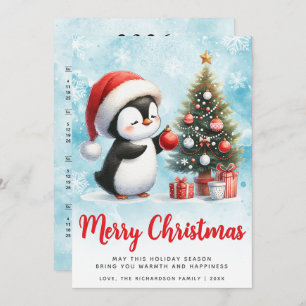Cartão De Festividades Azul Festivo e Pinguim Vermelho Feliz Natal