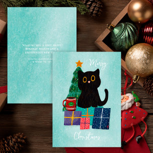 Cartão De Festividades Azul Festivo Feliz Natal Gato Preto Fofo Café