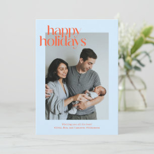 Cartão De Festividades Azul Laranja Moderno Listra Foto Feliz Natal